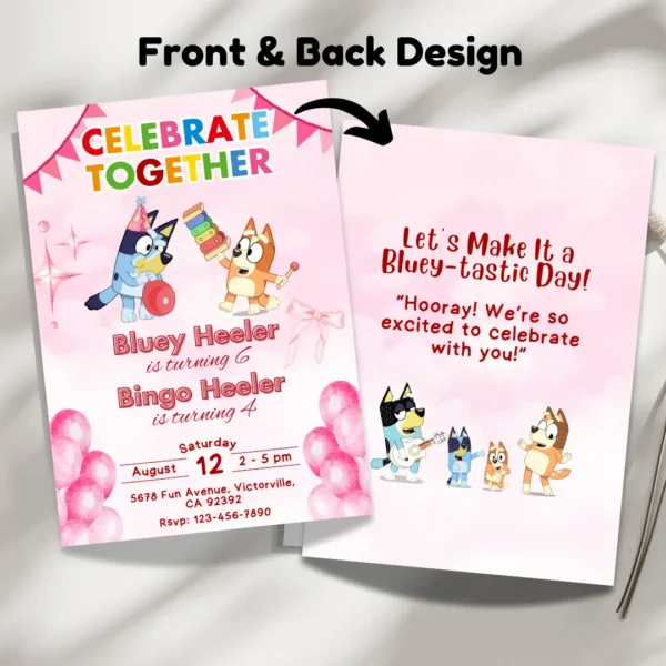 Pink Bluey Joint Birthday Invitation Printable-3