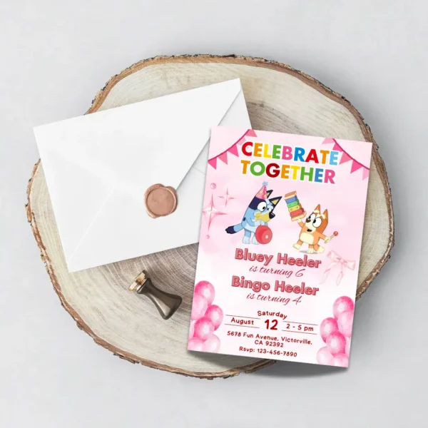 Pink Bluey Joint Birthday Invitation Printable-5