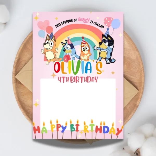 Pink Rainbow Bluey Blank Birthday Invitation-1