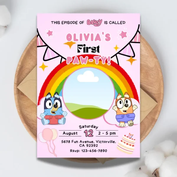 Rainbow Bluey 1st Birthday Photo Insert Invitation-1