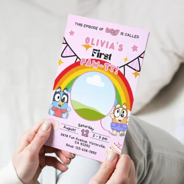 Rainbow Bluey 1st Birthday Photo Insert Invitation-4