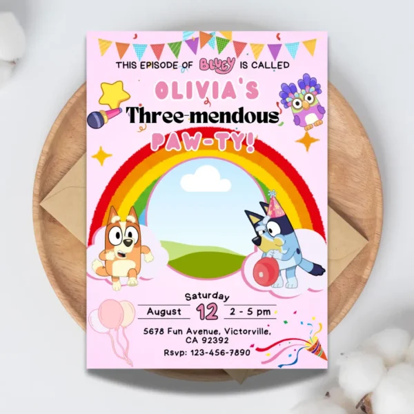 Rainbow Bluey 3rd Birthday Photo Insert Invitation-1